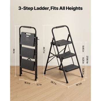 3 Step Ladder, Folding Step Stool with Wide Anti-Slip Pedal and Comfort Handgrip, Lightweight 600 lbs Capacity Portable Steel Ladder, Multi-Use for Kitchen, Home, Household and Office, Black