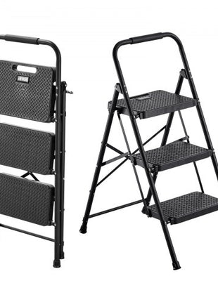 3 Step Ladder, Folding Step Stool with Wide Anti-Slip Pedal and Comfort Handgrip, Lightweight 600 lbs Capacity Portable Steel Ladder, Multi-Use for Kitchen, Home, Household and Office, Black
