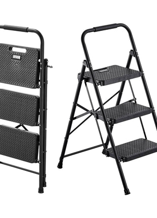 3 Step Ladder, Folding Step Stool with Wide Anti-Slip Pedal and Comfort Handgrip, Lightweight 600 lbs Capacity Portable Steel Ladder, Multi-Use for Kitchen, Home, Household and Office, Black