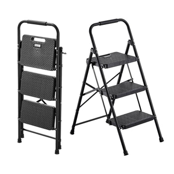 3 Step Ladder, Folding Step Stool with Wide Anti-Slip Pedal and Comfort Handgrip, Lightweight 600 lbs Capacity Portable Steel Ladder, Multi-Use for Kitchen, Home, Household and Office, Black