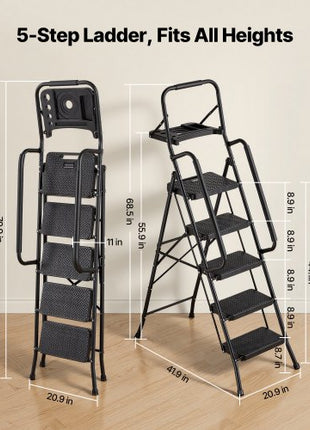 5 Step Ladder, Folding Step Stool with Wide Anti-Slip Pedal, Tool Tray, Dual Side Handrails, 600 lbs Capacity Portable Steel Ladder, Multi-Use for Kitchen, Home, Household and Office, Black