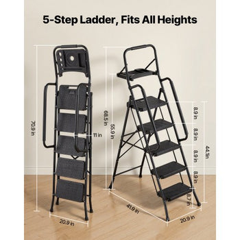 5 Step Ladder, Folding Step Stool with Wide Anti-Slip Pedal, Tool Tray, Dual Side Handrails, 600 lbs Capacity Portable Steel Ladder, Multi-Use for Kitchen, Home, Household and Office, Black