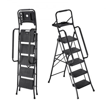 5 Step Ladder, Folding Step Stool with Wide Anti-Slip Pedal, Tool Tray, Dual Side Handrails, 600 lbs Capacity Portable Steel Ladder, Multi-Use for Kitchen, Home, Household and Office, Black