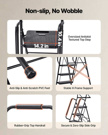 5 Step Ladder, Folding Step Stool with Wide Anti-Slip Pedal, Tool Tray, Dual Side Handrails, 600 lbs Capacity Portable Steel Ladder, Multi-Use for Kitchen, Home, Household and Office, Black