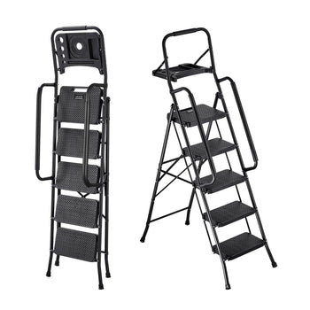 5 Step Ladder, Folding Step Stool with Wide Anti-Slip Pedal, Tool Tray, Dual Side Handrails, 600 lbs Capacity Portable Steel Ladder, Multi-Use for Kitchen, Home, Household and Office, Black