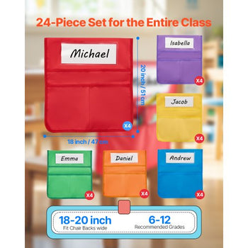 Chair Pockets for Classroom, 24 Pack, 18 x 20 Inches Chairback Buddy Pocket with Name Tag, 6 Bright Colors, Back of Chair Organizer for Kids in Classroom, Kindergarten, School, and Home