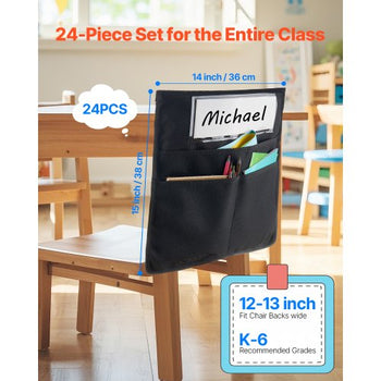 Chair Pockets for Classroom, 24 Pack, 14 x 15 Inches Chairback Buddy Pocket with Name Tag, Back of Chair Organizer for Kids in Classroom, Kindergarten, School, and Home, Black