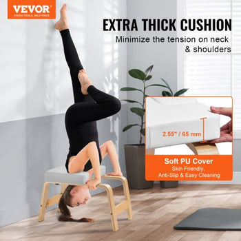 Yoga Headstand Bench, 300 lbs Capacity Yoga Inversion Chair for Family Gym, Headstand Trainer with Wood Frame & PU Pad, Stand Yoga Stool for Strength Balance Training, Relieve Fatigue, White