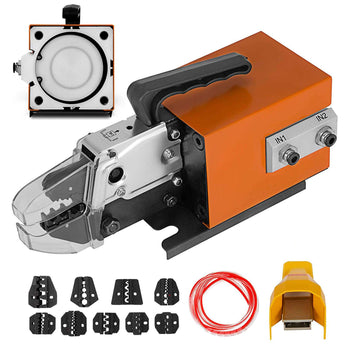 Orange electric wire crimper tool with multiple dies, featuring a robust design and ergonomic handle for easy use.