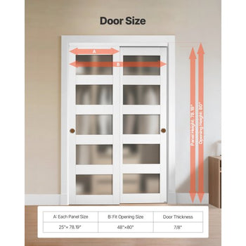 Sliding Closet Door, 48" (Double 25") x 80", 5-Lite Frosted Glass Bypass Sliding Doors with Hardware Kit & Floor Guide, Solid Wood & MDF Slab with Waterproof PVC Surface for Closets Bedrooms