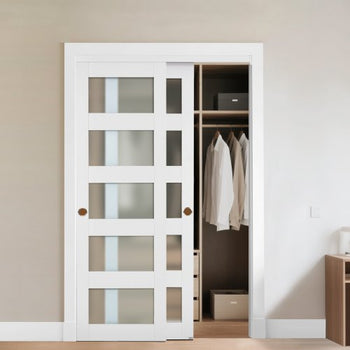 Sliding Closet Door, 48" (Double 25") x 80", 5-Lite Frosted Glass Bypass Sliding Doors with Hardware Kit & Floor Guide, Solid Wood & MDF Slab with Waterproof PVC Surface for Closets Bedrooms
