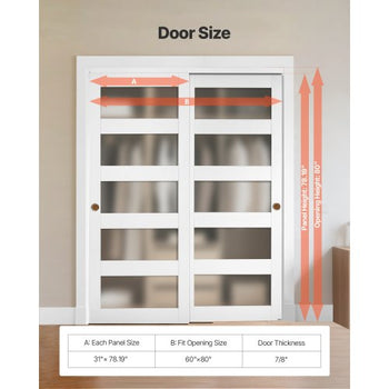 Sliding Closet Door, 60" (Double 31") x 80", 5-Lite Frosted Glass Bypass Sliding Doors with Hardware Kit & Floor Guide, Solid Wood & MDF Slab with Water-Proof PVC Surface for Closets Bedrooms