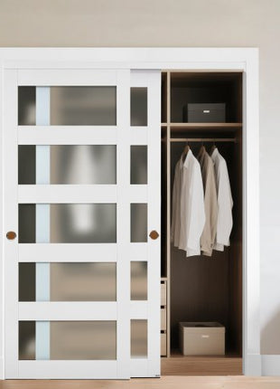 Sliding Closet Door, 60" (Double 31") x 80", 5-Lite Frosted Glass Bypass Sliding Doors with Hardware Kit & Floor Guide, Solid Wood & MDF Slab with Water-Proof PVC Surface for Closets Bedrooms