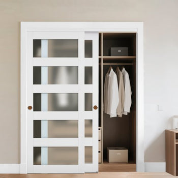 Sliding Closet Door, 60" (Double 31") x 80", 5-Lite Frosted Glass Bypass Sliding Doors with Hardware Kit & Floor Guide, Solid Wood & MDF Slab with Water-Proof PVC Surface for Closets Bedrooms