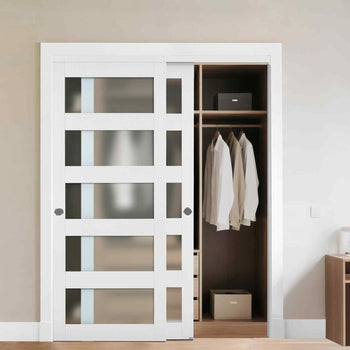 Sliding Closet Door, 60" (Double 31") x 80", 5-Lite Frosted Glass Bypass Sliding Doors with Hardware Kit & Floor Guide, Solid Wood & MDF Slab with Water-Proof PVC Surface for Closets Bedrooms