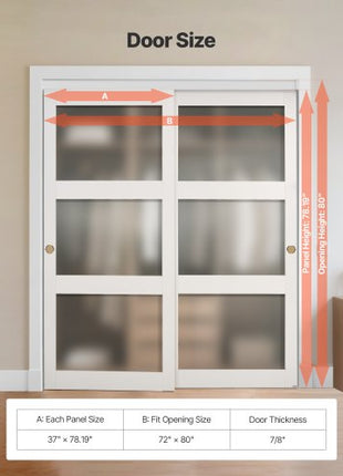 Sliding Closet Door, 72" (Double 37") x 80", 3-Lite Frosted Glass Bypass Sliding Doors with Hardware Kit & Floor Guide, Solid Wood & MDF Slab with Water-Proof PVC Surface for Closets Bedrooms