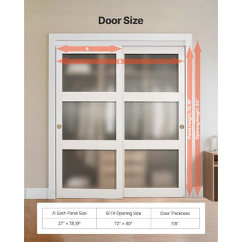 Sliding Closet Door, 72" (Double 37") x 80", 3-Lite Frosted Glass Bypass Sliding Doors with Hardware Kit & Floor Guide, Solid Wood & MDF Slab with Water-Proof PVC Surface for Closets Bedrooms