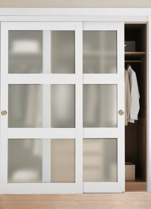 Sliding Closet Door, 72" (Double 37") x 80", 3-Lite Frosted Glass Bypass Sliding Doors with Hardware Kit & Floor Guide, Solid Wood & MDF Slab with Water-Proof PVC Surface for Closets Bedrooms