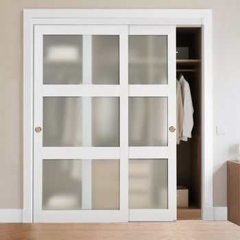 Sliding Closet Door, 72" (Double 37") x 80", 3-Lite Frosted Glass Bypass Sliding Doors with Hardware Kit & Floor Guide, Solid Wood & MDF Slab with Water-Proof PVC Surface for Closets Bedrooms