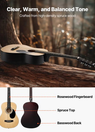 Dreadnought Acoustic Guitar, 36 in, 6-String Natural Solid Top Guitar, Portable Bundle with Gig Bag, Tuner, Strap, Steel Strings, Picks, Capo, Rosewood Fingerboard, for Beginner Teen Small Hands