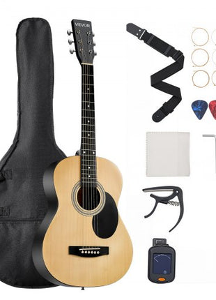 Dreadnought Acoustic Guitar, 39 in, 6-String Natural Solid Spruce Top Guitar, Portable Bundle with Gig Bag, Tuner, Strap, Steel Strings, Picks, Capo, Rosewood Fingerboard, for Beginner Adults