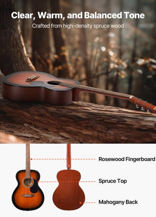 Dreadnought Acoustic Guitar, 40 in, 6-String Sunburst Solid Top Guitar, Beginner Bundle with Gig Bag, Tuner, Strap, Steel Strings, Picks, Capo, Rosewood Fingerboard, for Adults, Skilled Players