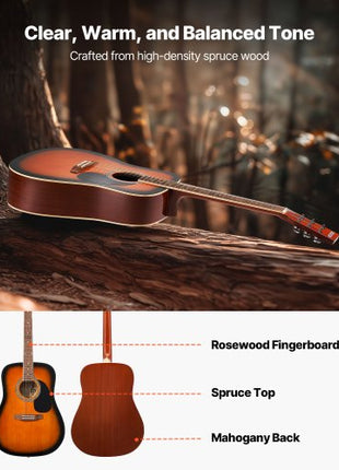 Dreadnought Acoustic Guitar, 41 in, 6-String Sunburst Solid Spruce Top Guitar, Beginner Bundle with Gig Bag, Tuner, Strap, Strings, Picks, Capo, Rosewood Fingerboard, for Adult Taller Player