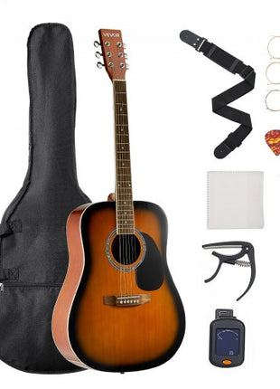 Dreadnought Acoustic Guitar, 41 in, 6-String Sunburst Solid Spruce Top Guitar, Beginner Bundle with Gig Bag, Tuner, Strap, Strings, Picks, Capo, Rosewood Fingerboard, for Adult Taller Player