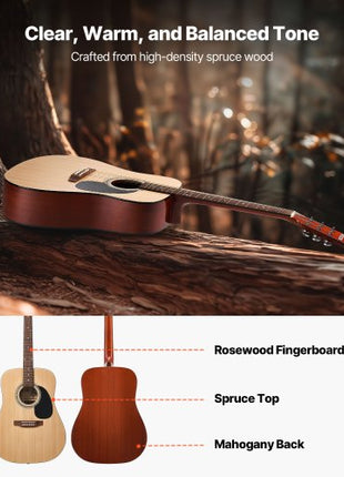 Dreadnought Acoustic Guitar, 41 in, 6-String Natural Solid Spruce Top Guitar, Beginner Bundle with Gig Bag, Tuner, Strap, Strings, Picks, Capo, Rosewood Fingerboard, for Adults Taller Players