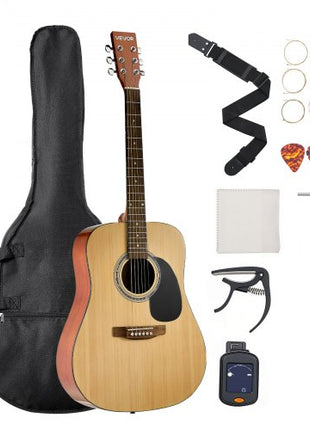 Dreadnought Acoustic Guitar, 41 in, 6-String Natural Solid Spruce Top Guitar, Beginner Bundle with Gig Bag, Tuner, Strap, Strings, Picks, Capo, Rosewood Fingerboard, for Adults Taller Players
