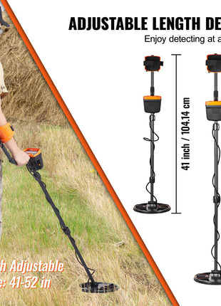 Adjustable metal detector in orange and black, 11-inch coil, length 41-52 inches, ideal for outdoor treasure hunting.