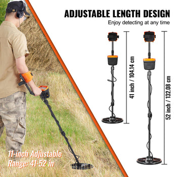 Adjustable metal detector in orange and black, 11-inch coil, length 41-52 inches, ideal for outdoor treasure hunting.