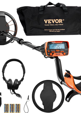 VEVOR metal detector kit with orange accents, LCD display, headphone, shovel, waterproof coil, and carrying bag.