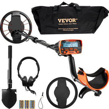 VEVOR metal detector kit with orange accents, LCD display, headphone, shovel, waterproof coil, and carrying bag.