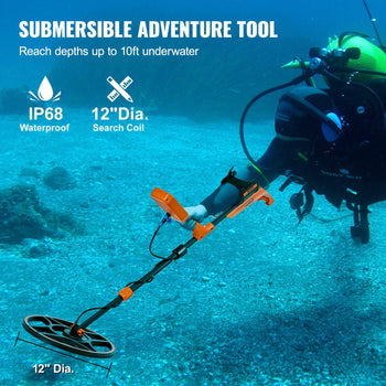 Submersible metal detector with 12" search coil, IP68 waterproof, designed for underwater exploration, orange and black design.