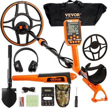 VEVOR metal detector kit in black and orange with headphones, shovel, and accessories for treasure hunting.