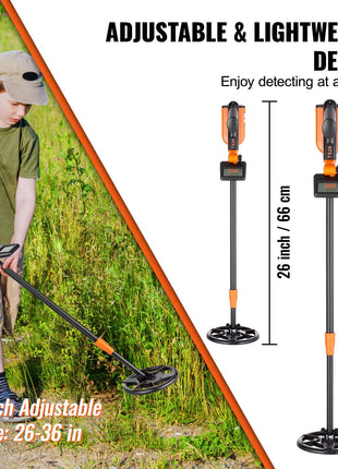 Adjustable orange and black 10-inch metal detector, lightweight design, extends from 26 to 36 inches for versatile use.