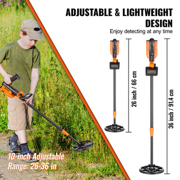 Adjustable orange and black 10-inch metal detector, lightweight design, extends from 26 to 36 inches for versatile use.