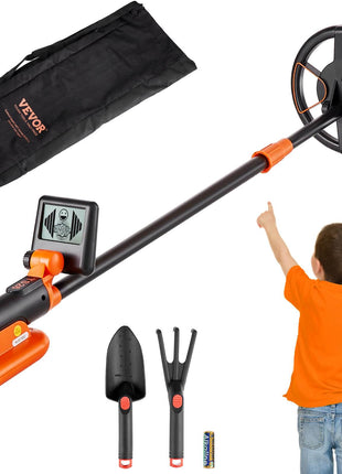 VEVOR metal detector set, black and orange, includes shovel and rake for kids, lightweight design, ideal for outdoor treasure hunting.