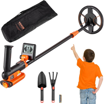 VEVOR metal detector set, black and orange, includes shovel and rake for kids, lightweight design, ideal for outdoor treasure hunting.