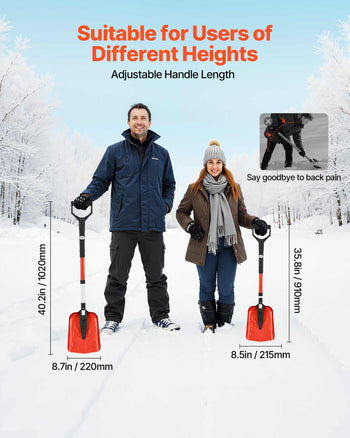 Snow Shovel for Driveway, 9 in Foldable Snow Shovel with D-shaped Handle, , 36-40 in Adjustable, Lightweight Aluminum Alloy Snows Removal Tool, Reduce Back Strains for Garden Car Camping