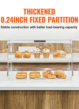 Clear acrylic pastry display case with a thickened 0.24-inch partition, showcasing baked goods on a modern countertop.