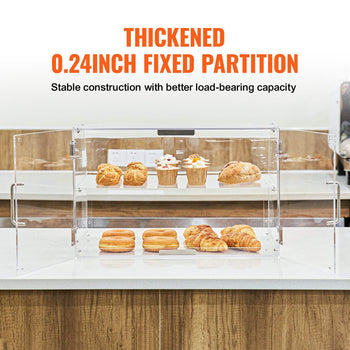 Clear acrylic pastry display case with a thickened 0.24-inch partition, showcasing baked goods on a modern countertop.