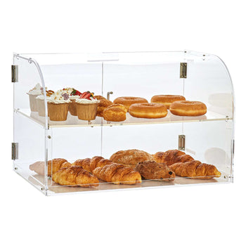 Clear acrylic display case with curved lid, showcasing assorted pastries including donuts, croissants, and cupcakes.