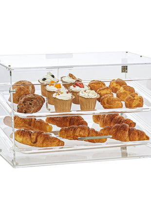 Clear acrylic pastry display case with two shelves, featuring assorted croissants, muffins, and cupcakes.
