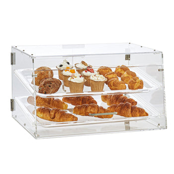 Clear acrylic pastry display case with two shelves, featuring assorted croissants, muffins, and cupcakes.