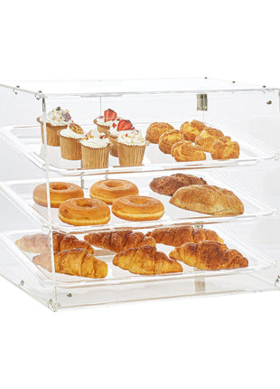 Acrylic 3-tier display case showcasing pastries, donuts, and cupcakes in a clear, modern design. Perfect for bakery use.