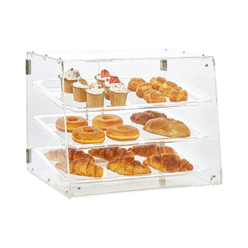 Acrylic 3-tier display case showcasing pastries, donuts, and cupcakes in a clear, modern design. Perfect for bakery use.