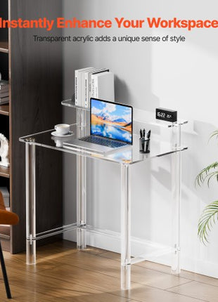 Acrylic Table, 2 Tiers Clear Office Desk with Monitor Stand, Acrylic Study Computer Desk, Modern Side End Table Nightstand for Bedroom, Office, Study, Cloakroom, 19.7 x 31.5 x 34.7 in (Clear)