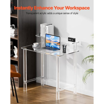 Acrylic Table, 2 Tiers Clear Office Desk with Monitor Stand, Acrylic Study Computer Desk, Modern Side End Table Nightstand for Bedroom, Office, Study, Cloakroom, 19.7 x 31.5 x 34.7 in (Clear)